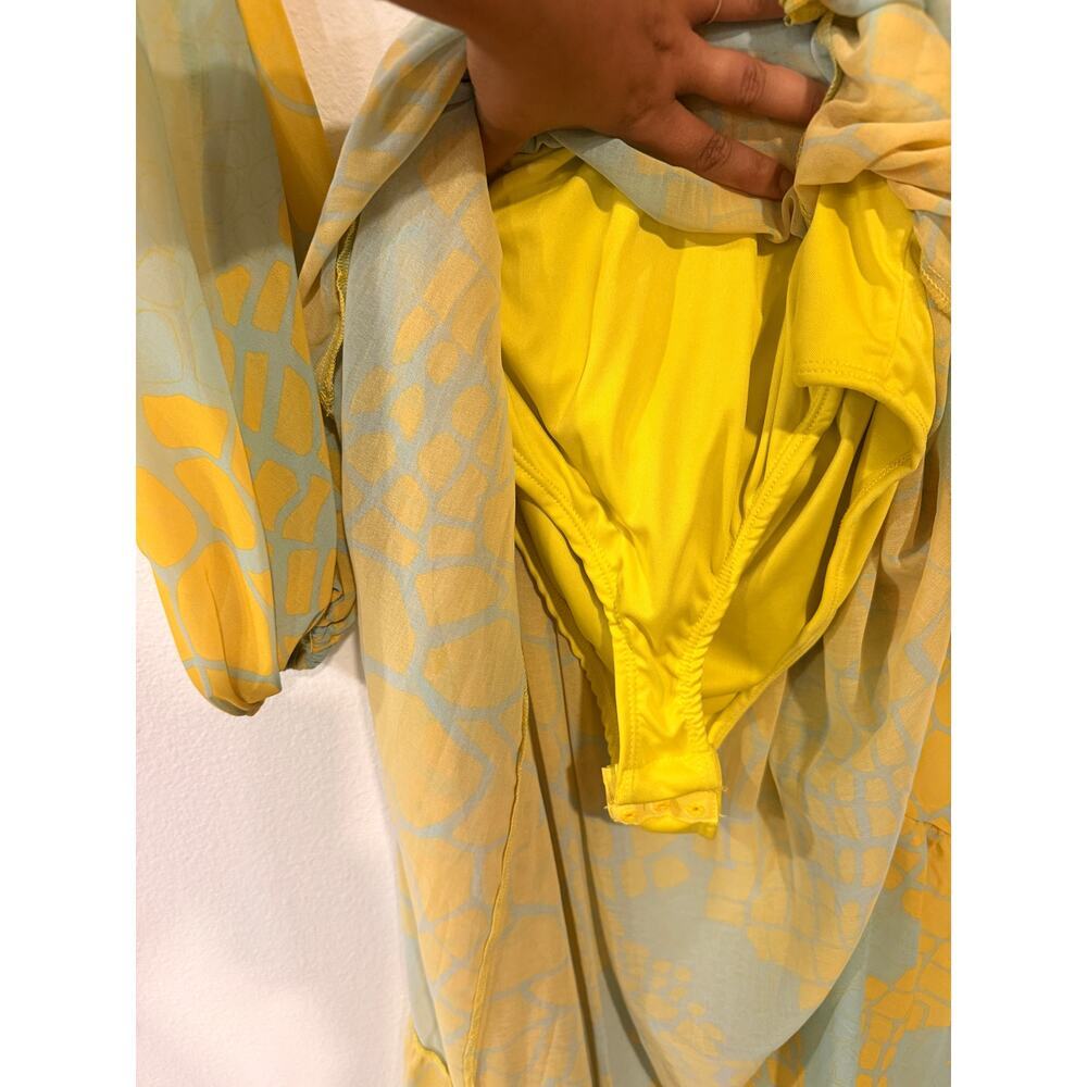 Rhythm Boutique Cutout Plunge Maxi Dress Small Yellow Boho Resort High Slit - Picture 6 of 12